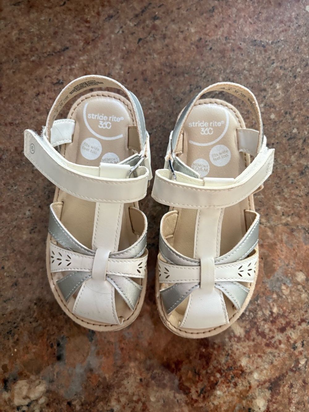 Stride Rite Kehlani White and Silver T-strap Sandals for Kids